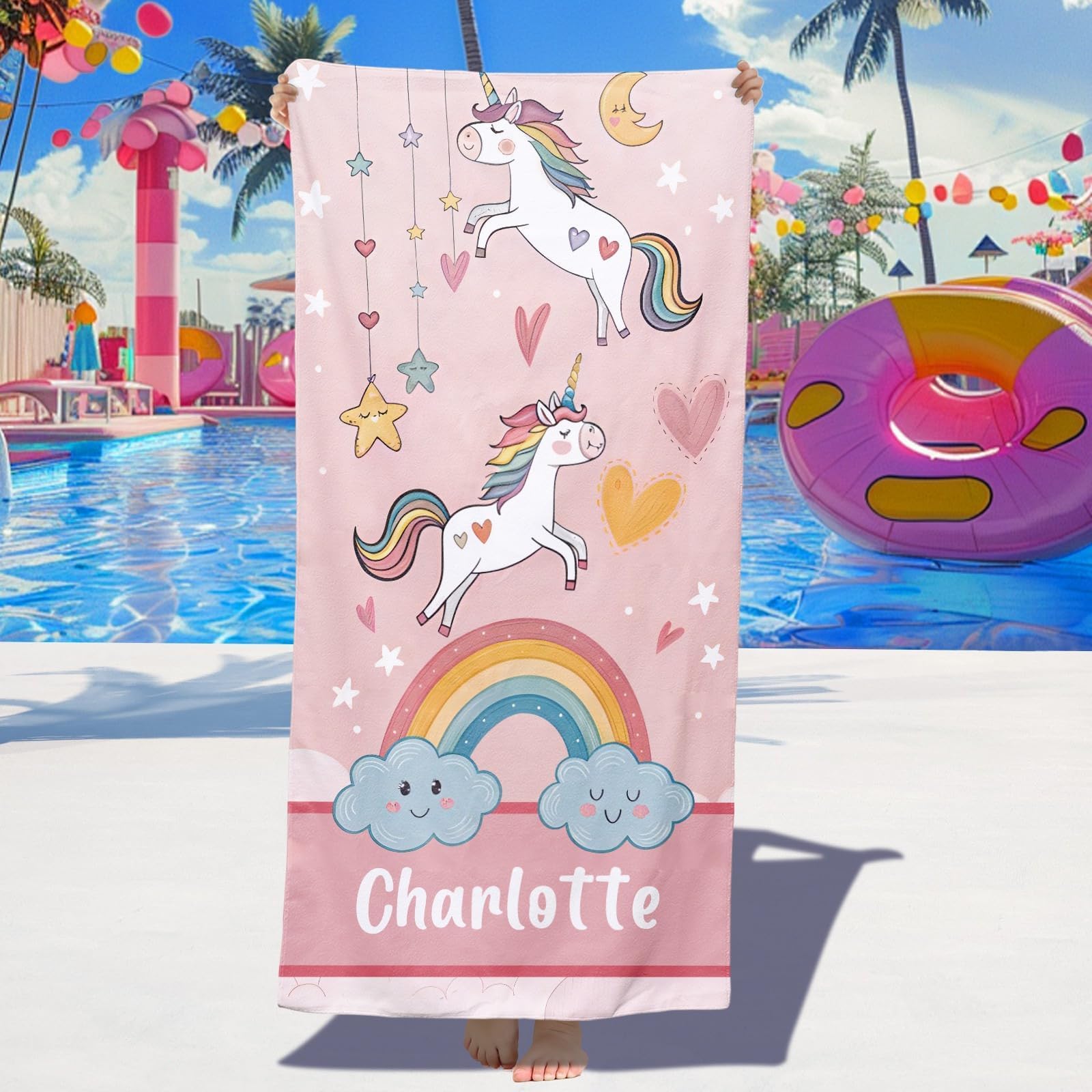 Loosusu Personalised Beach Towels for Kids - Custom Beach Towels with Monogram & Name- Ultra Absorbent Super Soft Swimming Towels for Kids,Customised Bath/Pool/Beach Towel for Boys Girls(Unicorn-A)