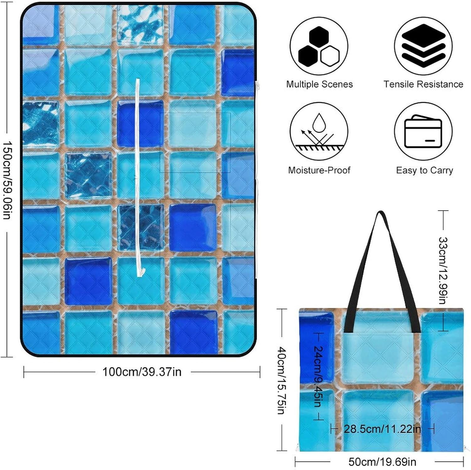 Square Bright Glass Mosaic Picnic Blanket 150x100cm, Foldable 2-in-1 Picnic Mat and Tote Bag Portable Waterproof Beach Mat Sandproof Outdoor Blanket for Park, Hiking, Beach, Camping, Travel