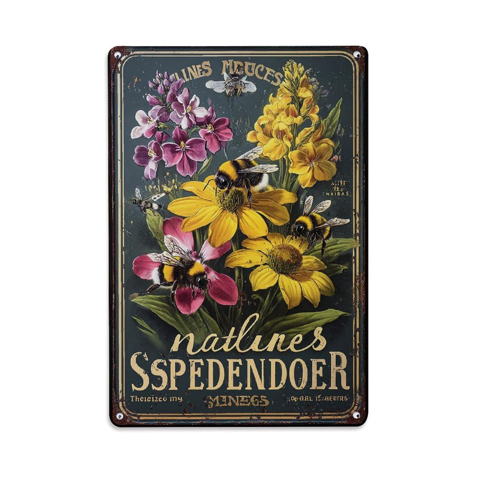 Jdfenggu Vintage Bees And Flowers Sign Retro Metal Tin Sign, Metal Poster For Bar, Home, Man Cave, Kitchen, Laundry Room Art Decor 8X12 Inch