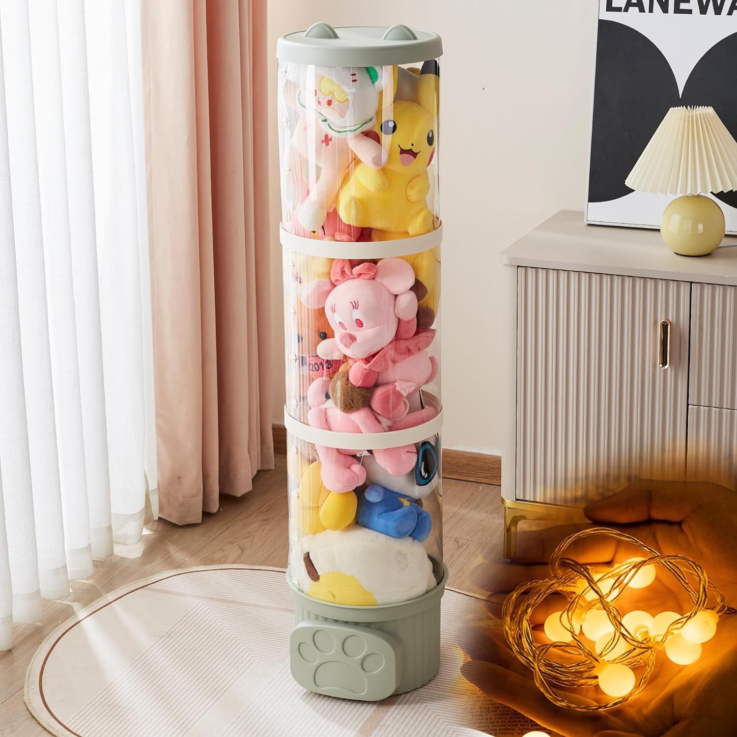 Stuffed Animal Storage Tube, 42'' Stuffed Animal Storage Toy Chests, 3 Tier Transparent Animal Organizer with Light, Plush Doll Storage, Toys Box for Nursery Playroom Bedroom Kids (Green)