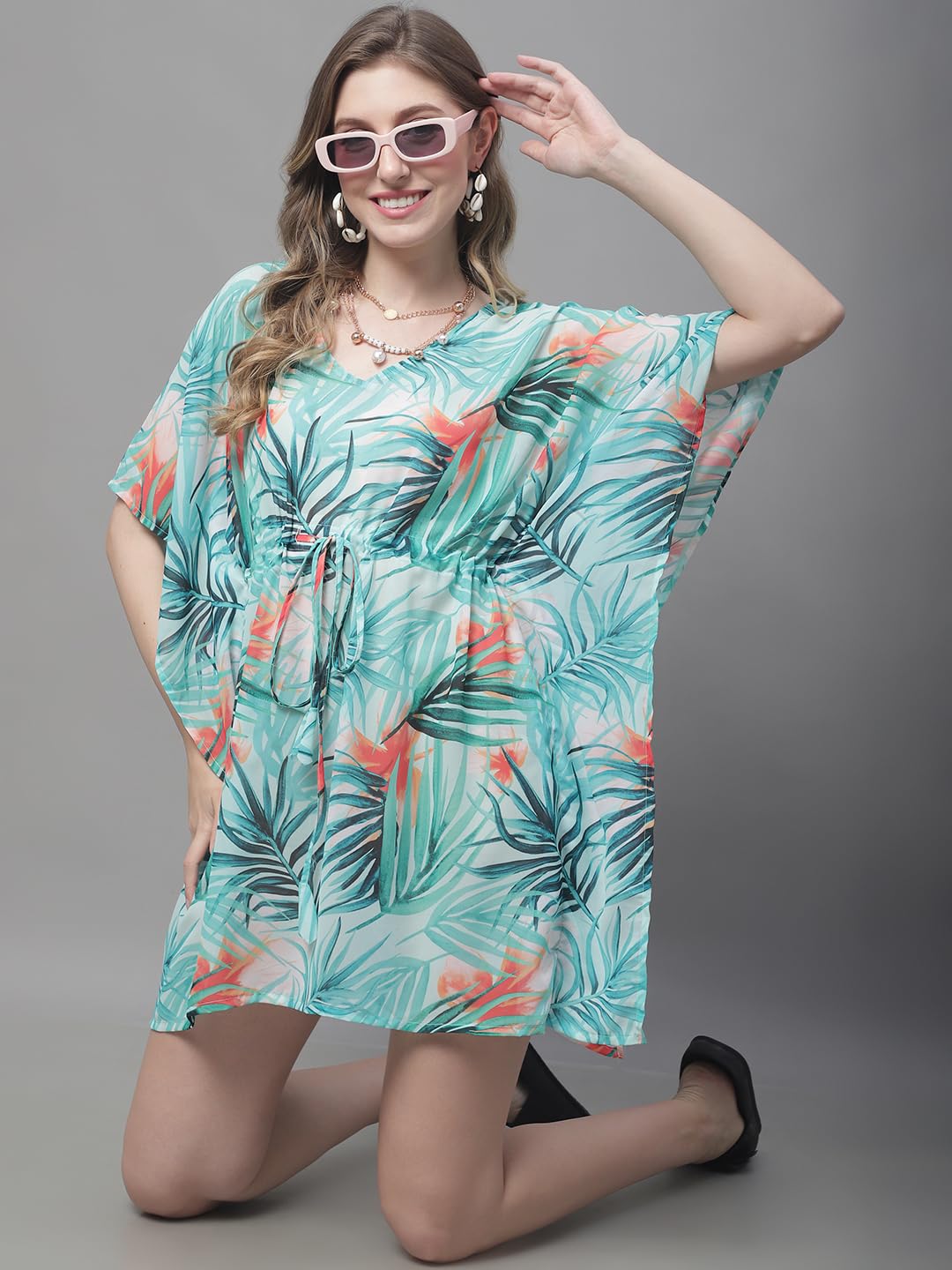 Claura Green & Orange Tropical Printed Swimwear Cover Up kaftan. (Green) 3