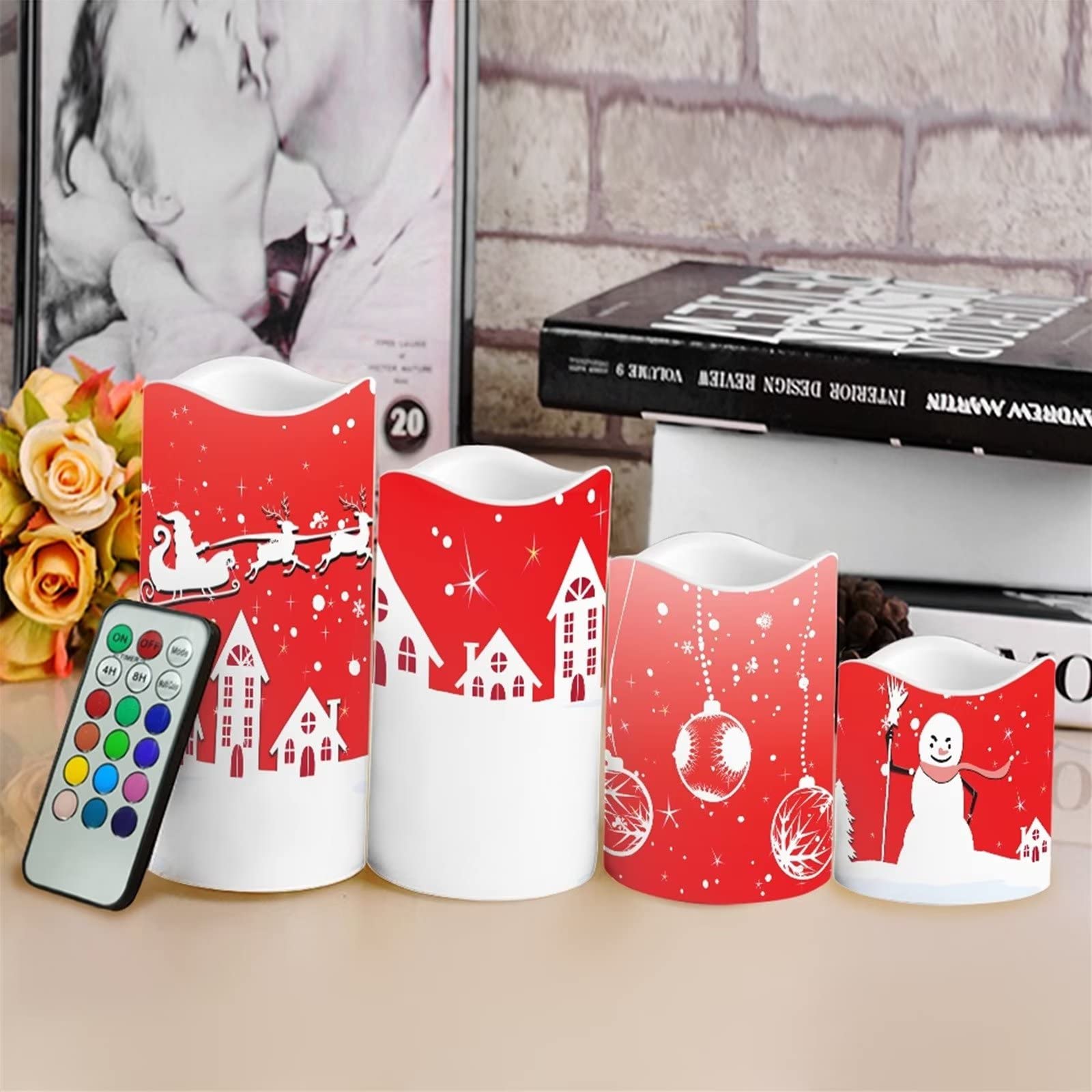 DISNIMO Velas de pilar LED de Navidad, velas sin llama, velas parpadeantes, funciona con pilas, control remoto de 18 teclas y temporizador para decoración de bodas, fiestas y vacaciones, juego de 4