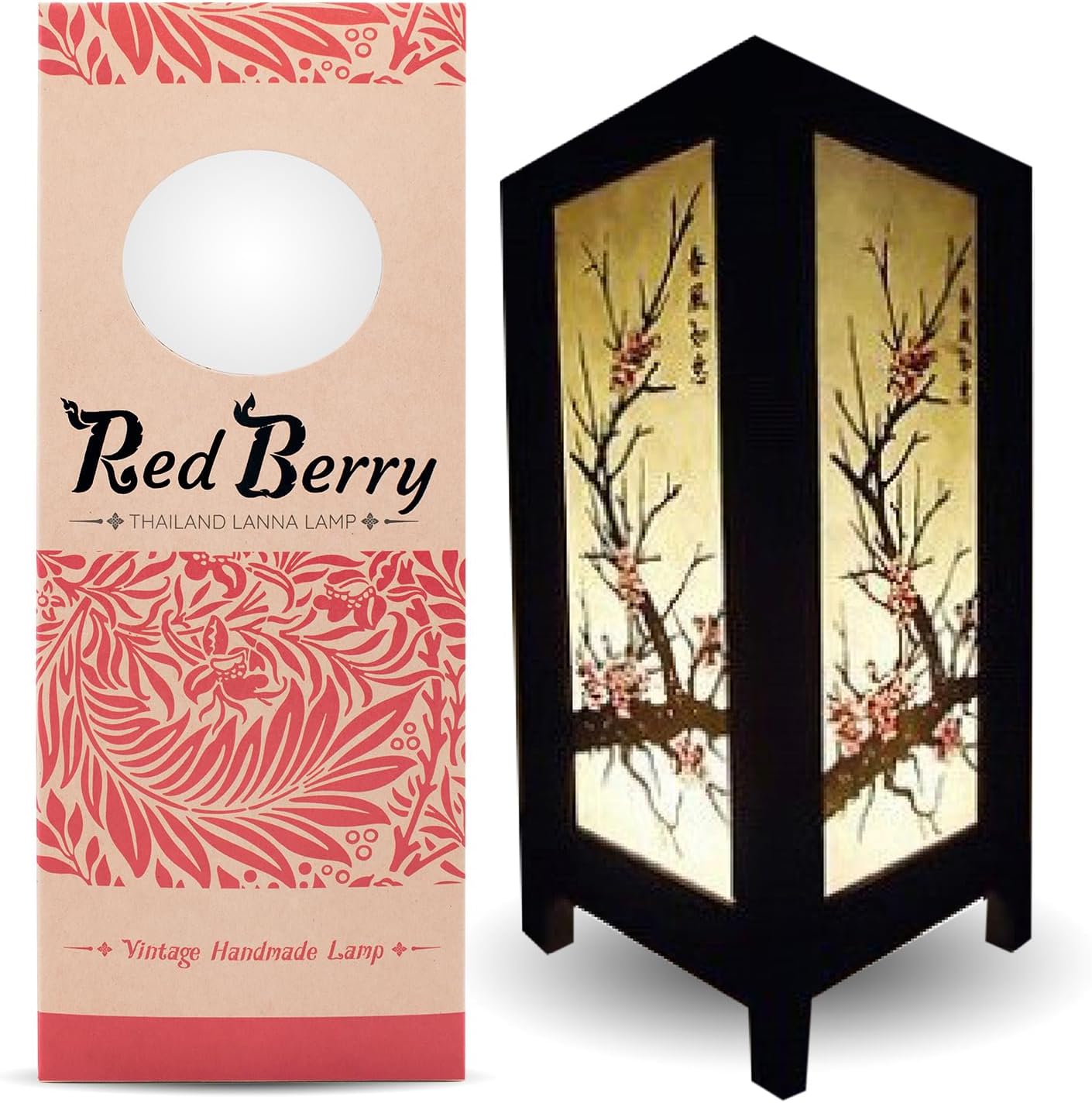 RED BERRY THAILAND LANNA LAMP-Cherry Blossom Japanese Oriental Lamp, Handmade 11" Wood Table Lamp, Asian Vintage Lighting for Home Décor GW45