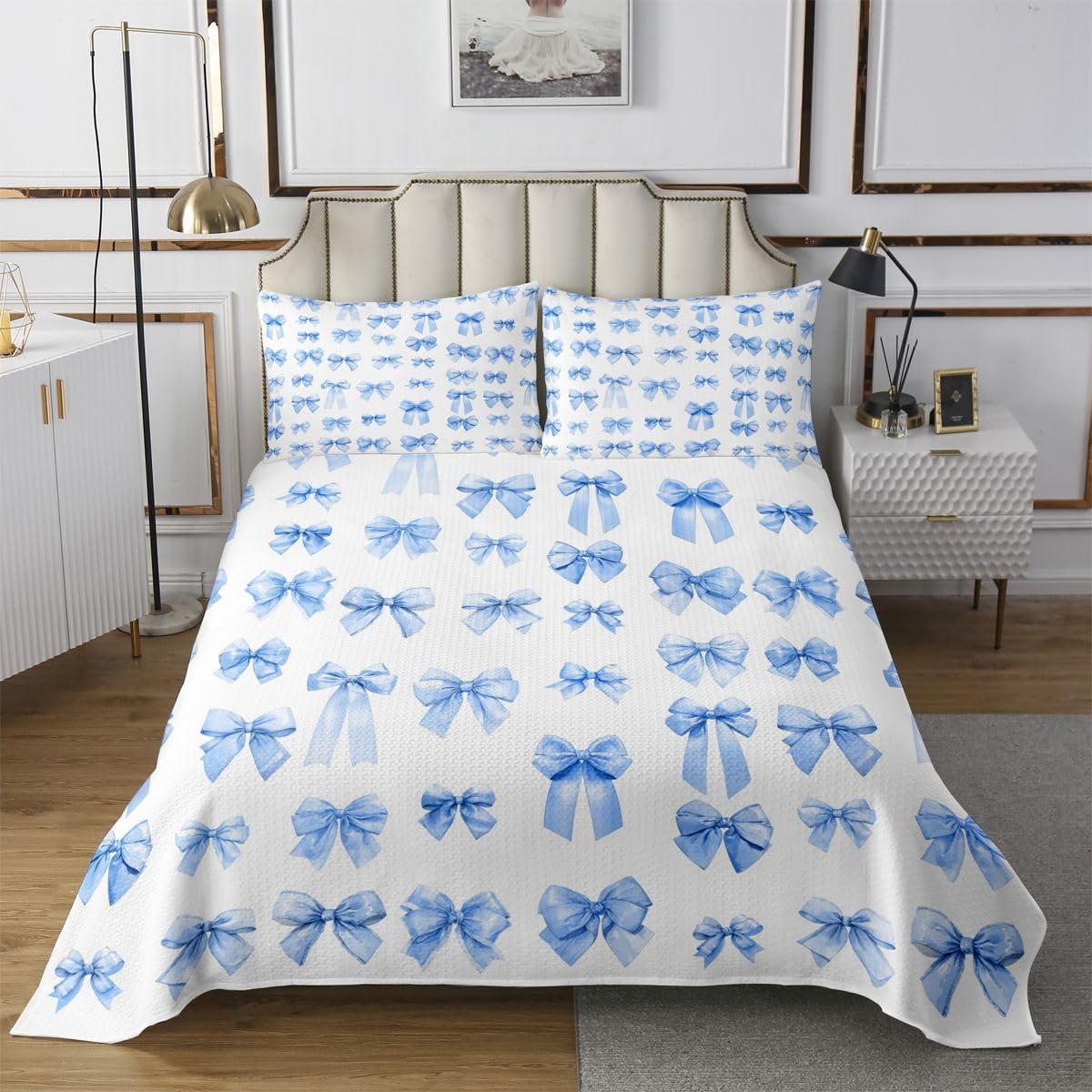 jejeloiu Cute Ribbon Bow Bedspread Quilts Blue Bowknot Coverlet Set Twin Size for Kids Boys Girls Kawaii Bow Tie Quilted Coverlet for All Season with 1 Pillowcase Girly Princess Microfiber