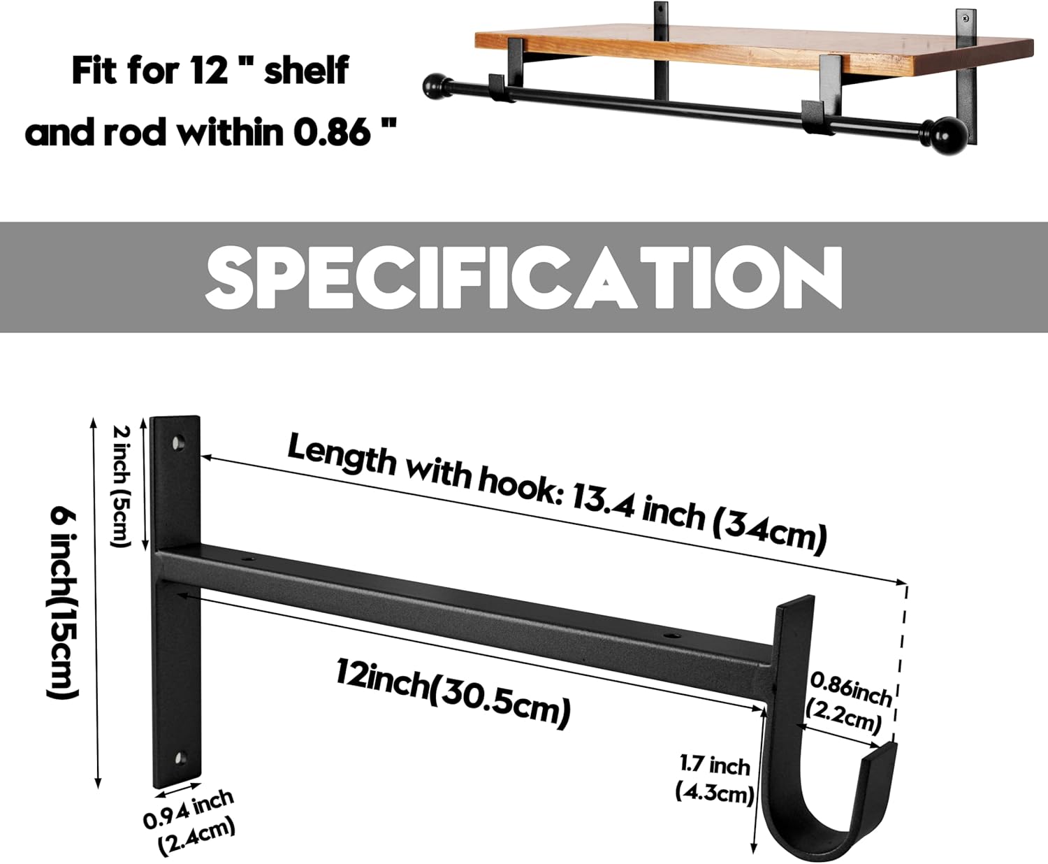 AddGrace Closet Rod Bracket Heavy Duty Shelf Brackets 12 Inch Black Wall Mounted Closet Rod Support with Pole Holder Industrial Iron Shelving Supports with Hook (4 Pack)