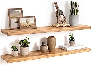 36" Rustic Elm Wood Floating Shelves, 8 Inch Deep Wall Shelves for Home Decor, Wall Mounted Floating Shelf with Invisible Bracket, Heavy-Duty Storage & Display Shelf for Living Room, Kitchen, Set of 2