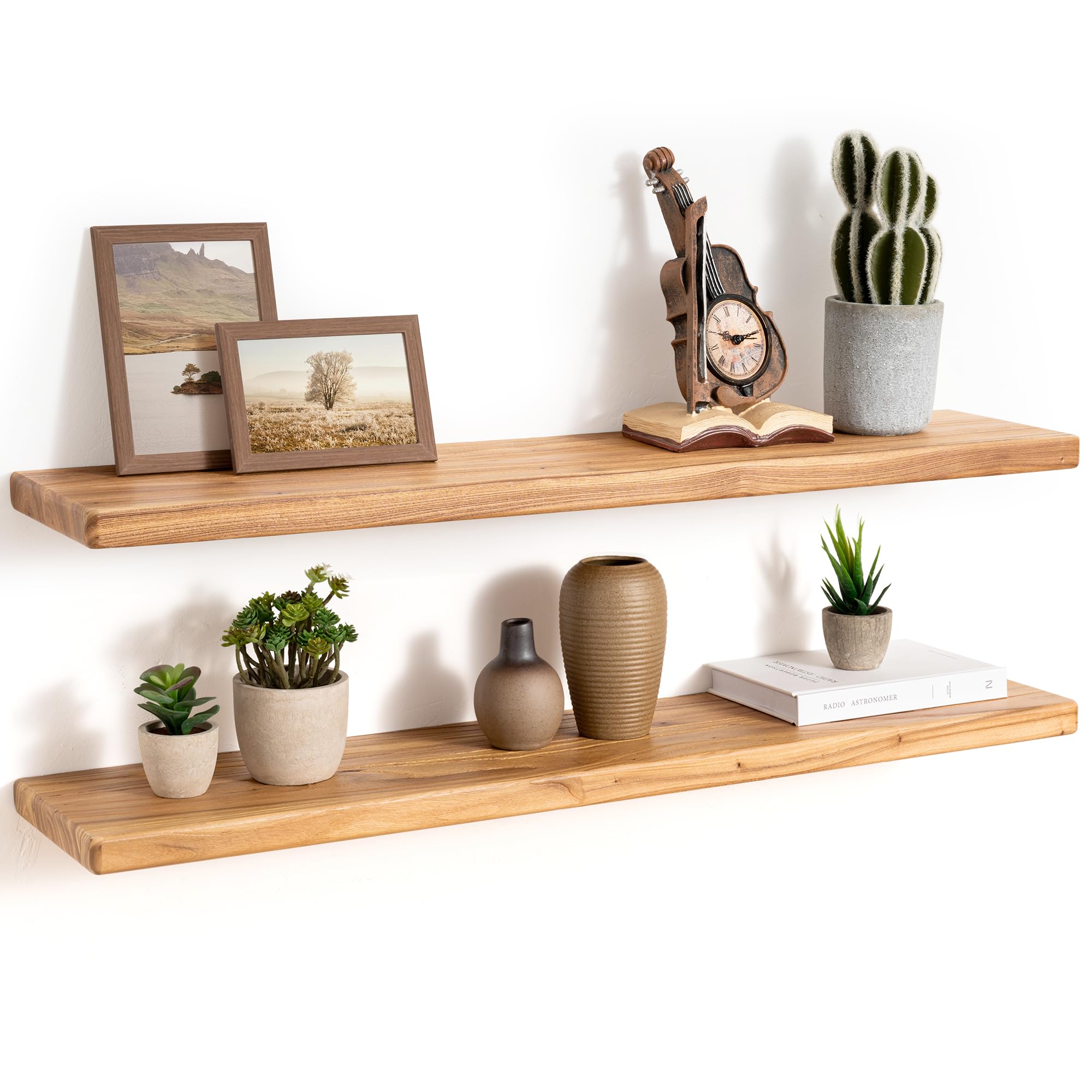 Fun Memories Floating Shelves, 90cm Rustic Elm Wood Wall Shelves, Wall Mounted Floating Shelf with Invisible Bracket for Living Room, Bedroom, Kitchen, Natural Finish Set of 2