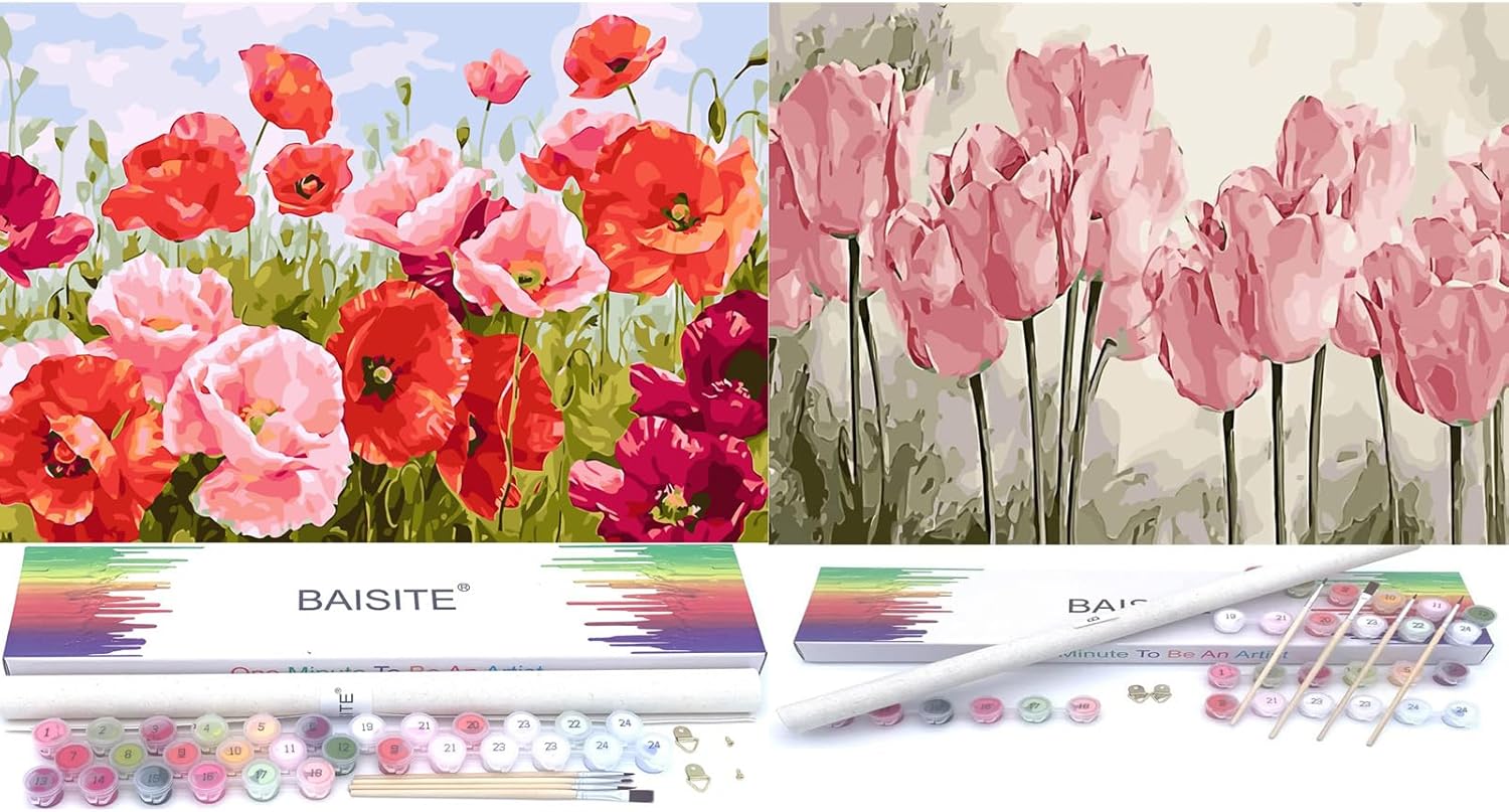 BAISITE Paint by Numbers Kit for Adults Beginners,16" Wx20 L Canvas Pictures Drawing Paintwork with 8 Pcs Wooden Paintbrushes,Acrylic Pigment Poppy Flowers-BSC001-BSC002