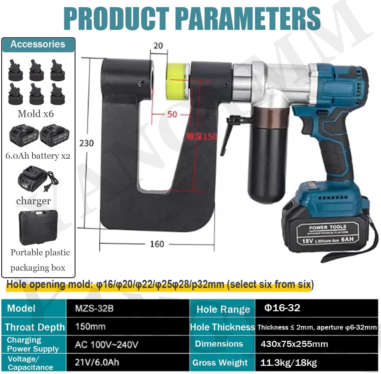 Hydraulic Punch Tool Kit, Electric Hole Punch - 2 Batteries & 6 Dies (16-32mm), 150mm Throat, for Fast Hole Punching in Steel Plates & Conduit, One-Press Start