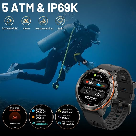 AMAZTIM GPS Smart Watch for Men, 6 Satellite Positioning, Compass, Stainless Steel Body, 50M Waterproof, 470mAh Extra-Large Battery, Answer/Make Call, 1.43 AMOLED Screen, Compatible for Android iOS