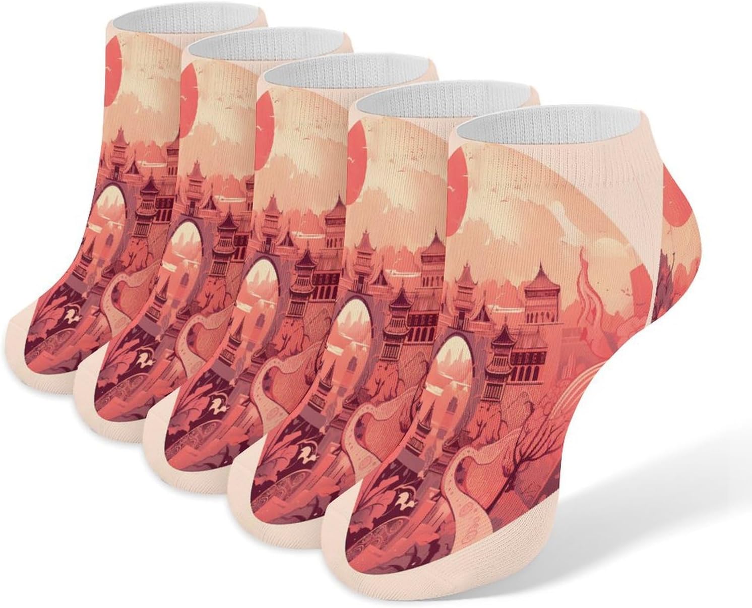 Women's Thin Elastic Socks Low-top Sports Invisible Chinese Architectural Patterns Printed Ankle Socks 5 Pairs Suitable for Travel Commuting Outdoor
