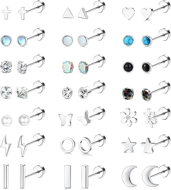ADRAMATA 21Pairs Flat Back Earrings for Women 20G Stainless Steel Stud Tiny Cartilage Earrings Stud Earrings for Cartilage Tragus Daith Helix Ear Piercing Comfortable Screw Flat Back Stud Earrings