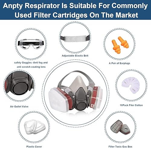 Miniatura 2 de Máscara respiradora con filtros Anpty reutilizable para media cara, máscara de gas con gafas de seguridad, pintura en aerosol de media cara para
