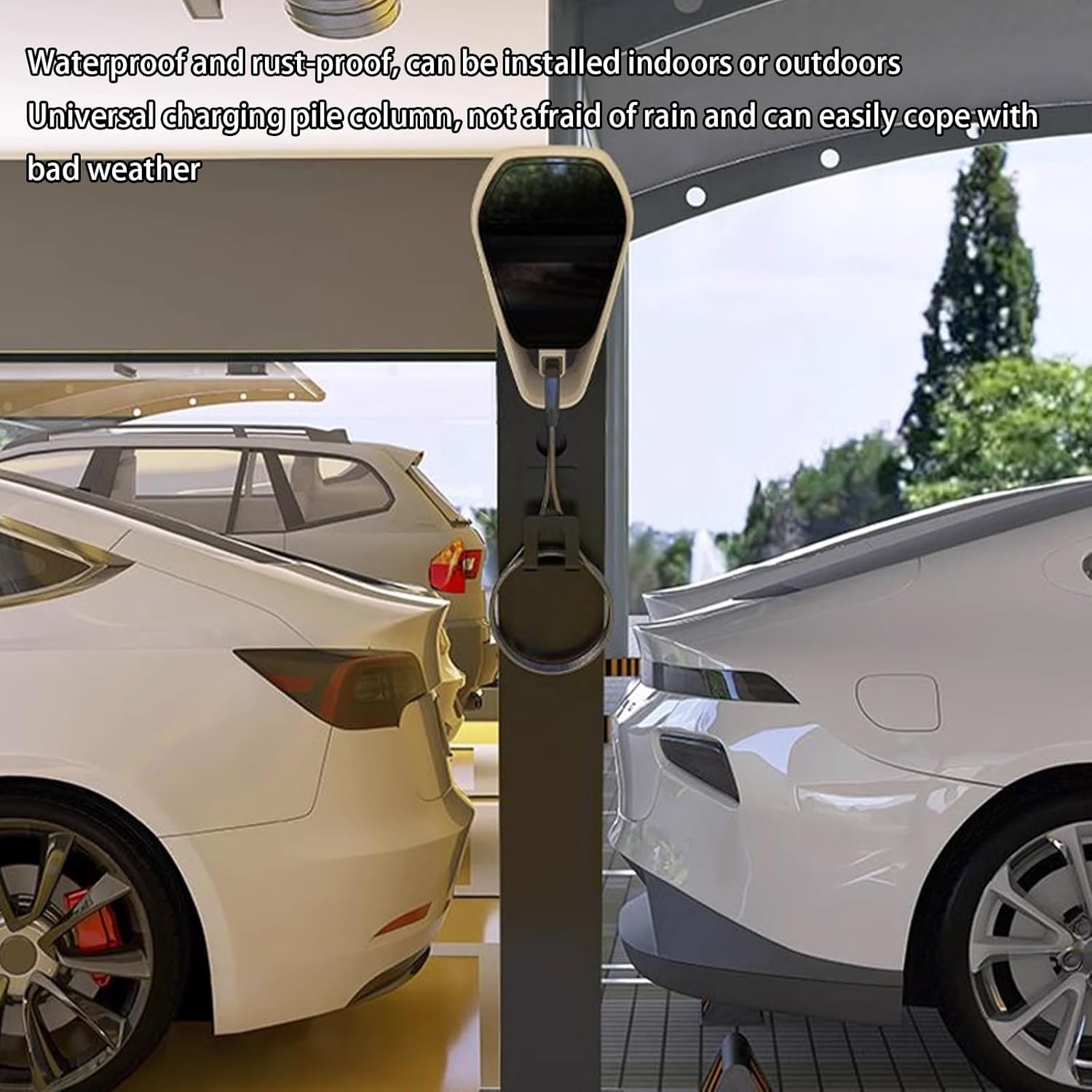 Outdoor EV Charger Pedestal - Electric Vehicle Charging Station with Support Pole, Wall-Mounted, Black with Back Panel, Durable and Weather-Resistant Charging Solution for All EVs