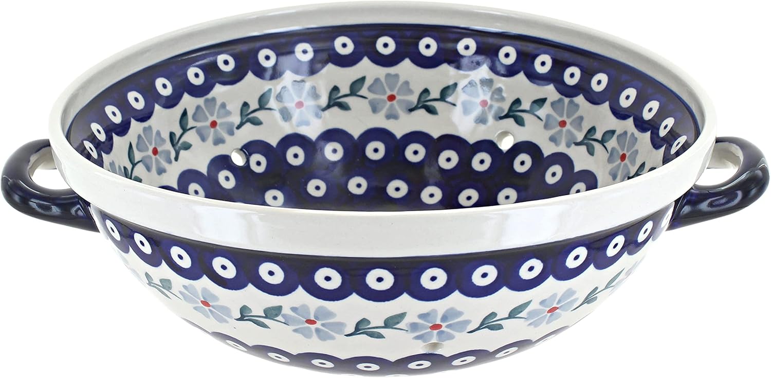 Blue Rose Polish Pottery - Red Poppy Colander - 11" x 9.5" - Ceramic Colander with Drain Holes