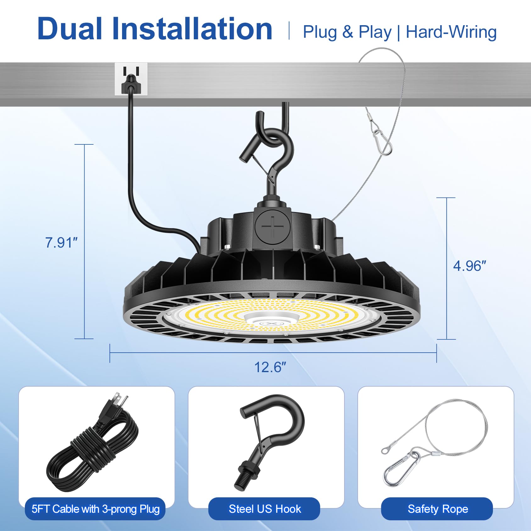 9 Pack LED High Bay Light 240W - 5ft Cable Adjustable CCT 4500K 5000K 5700K Power 240W 200W — view 8