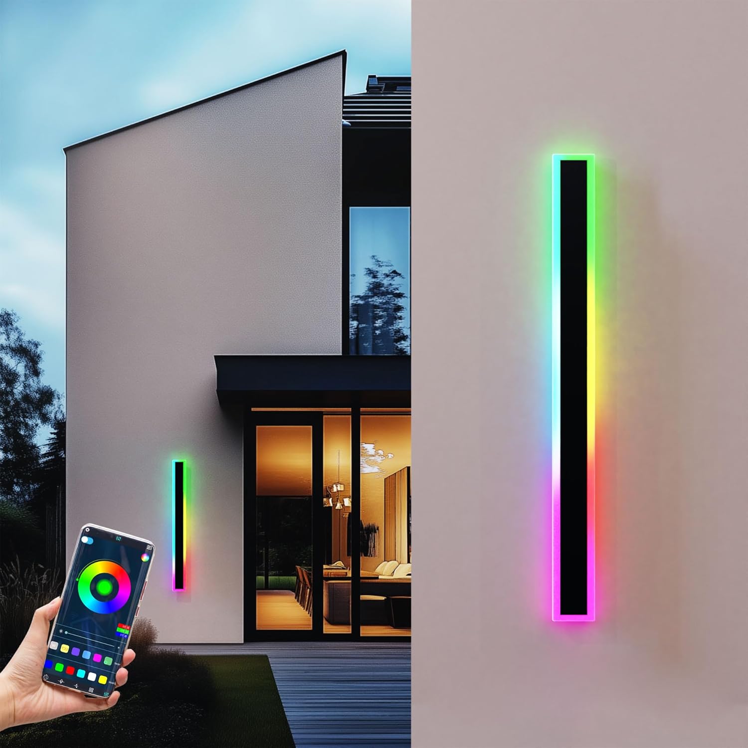 2pcs 47" rgbw led long wall light outdoor, black led wall sconces, ip66 waterproof lighting, exterior light fixtures wall mount, suitable for courtyard/exterior wall/patio 47in rgb modern