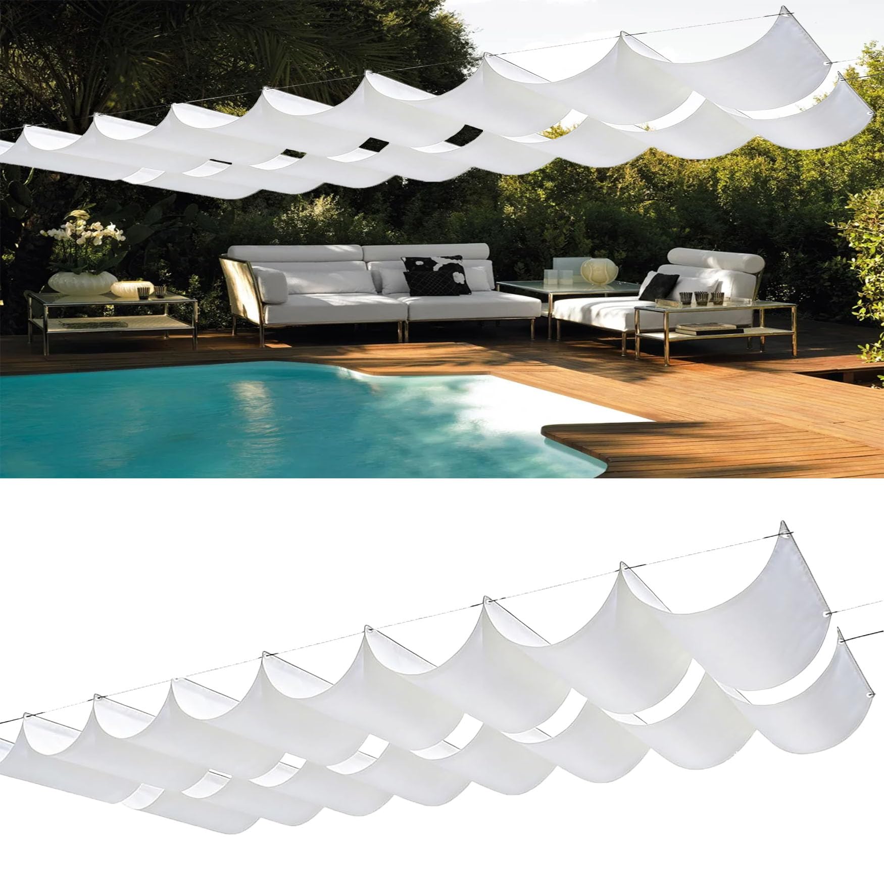 Voile d'ombrage rétractable vague blanc pour l'espace piscine d'un hôtel
