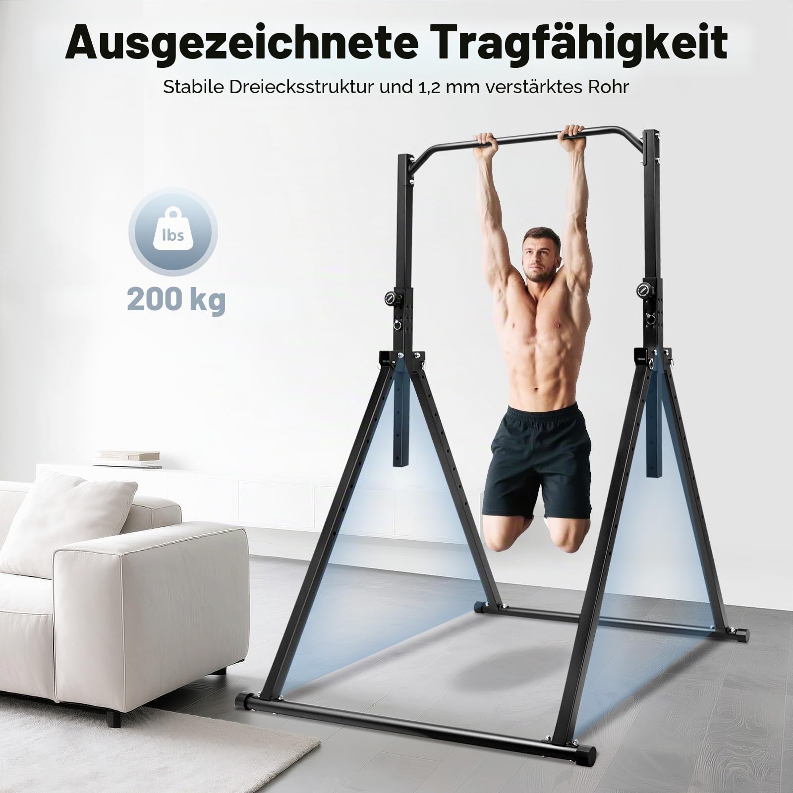 Faltbar Power Tower Dip Station Klimmzugstange Freistehend Höhenverstellbar Pullup Bar Stabiler Dreiecksstruktur für Home Gym, bis 200 kg Belastbar