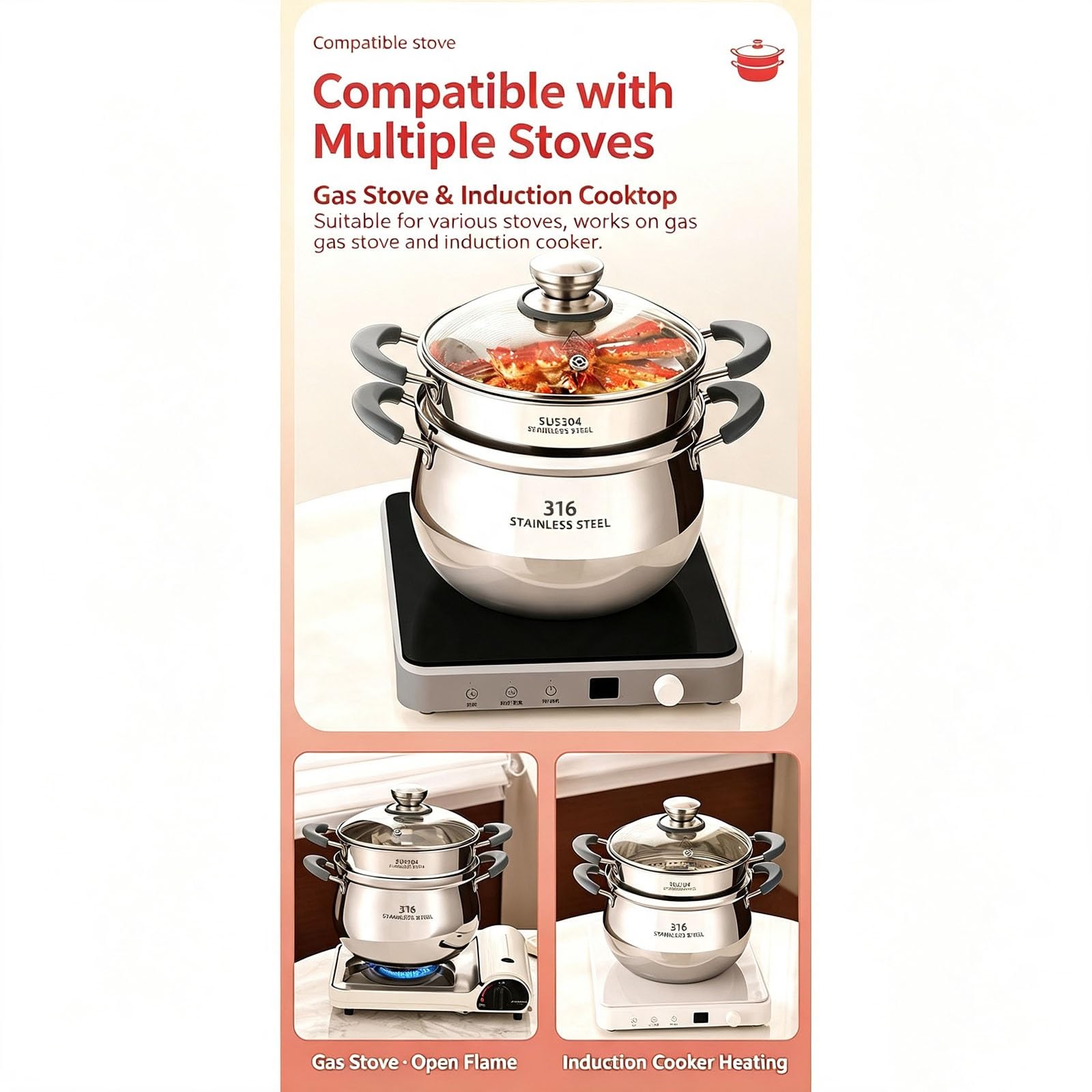 316 Stainless Steel Double Layer Stock Pot with Steamer Tray