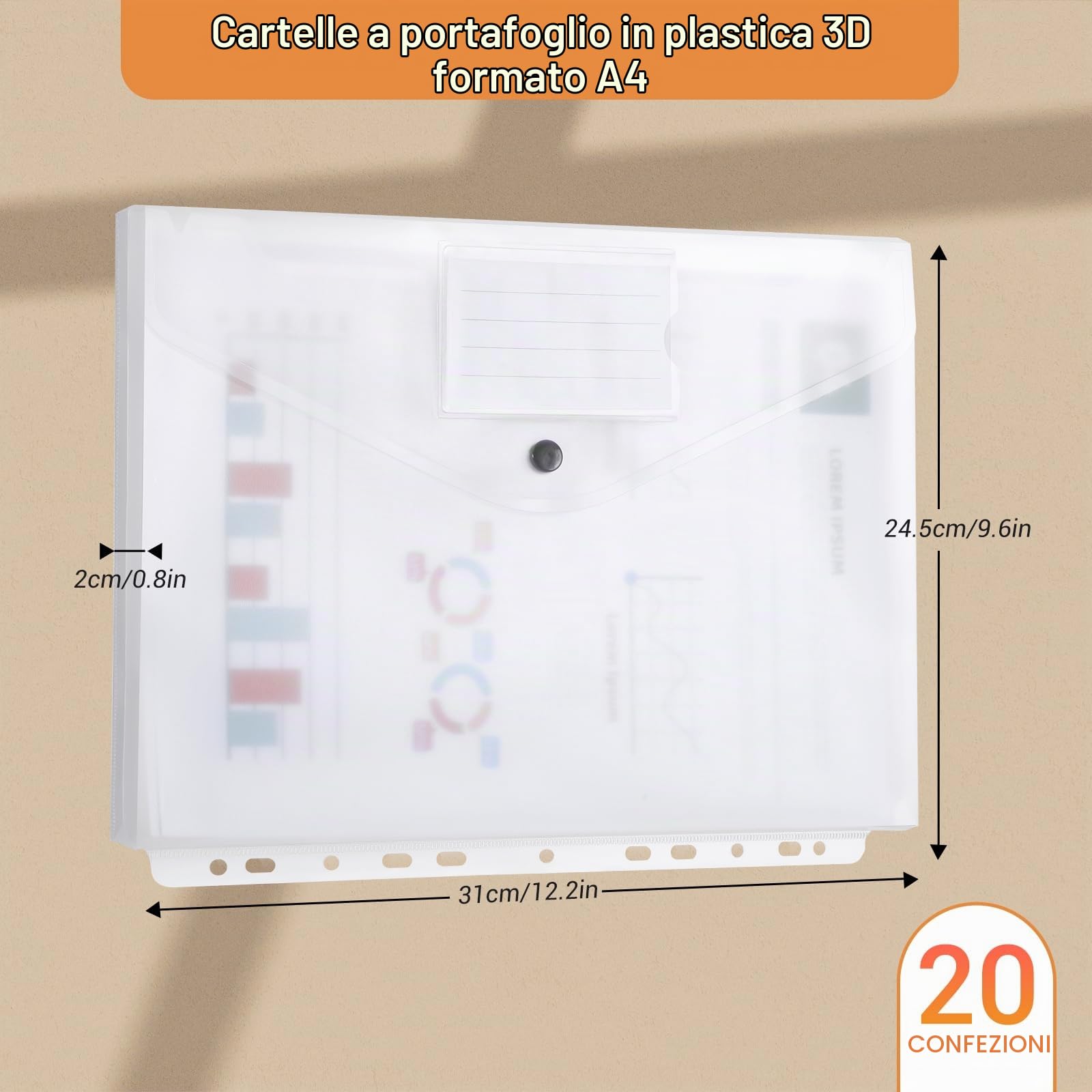 DATEFUN Cartellina Portadocumenti A4 Tridimensionale 20 Pezzi, Buste Trasparenti A4, Busta Portadocumenti con Apertura a Busta e Bottone per Casa Ufficio Scuola (Bianco)