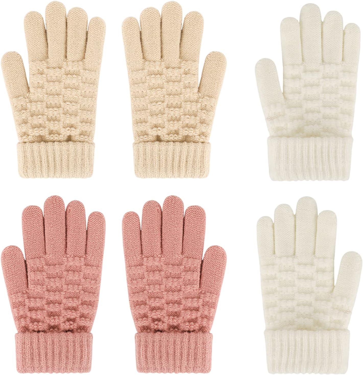 JupskKids Winter Knitted Gloves - Magic Full Finger Stretchy Warm Thick Children Gloves for Boys and Girls, 4-9 Years Old, 3 Pairs