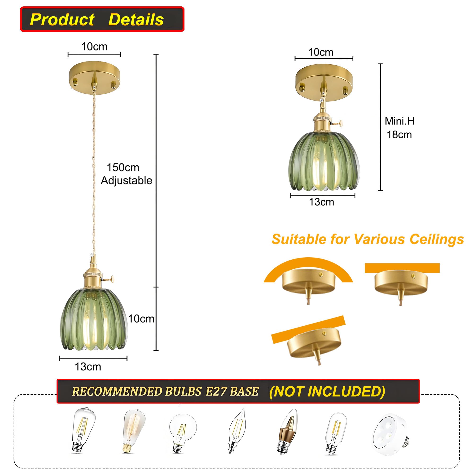 LFsem Mini Flower Glass Pendant Light, Brass E27 Socket with Switch, 150cm Adjustable Cord - Image 2