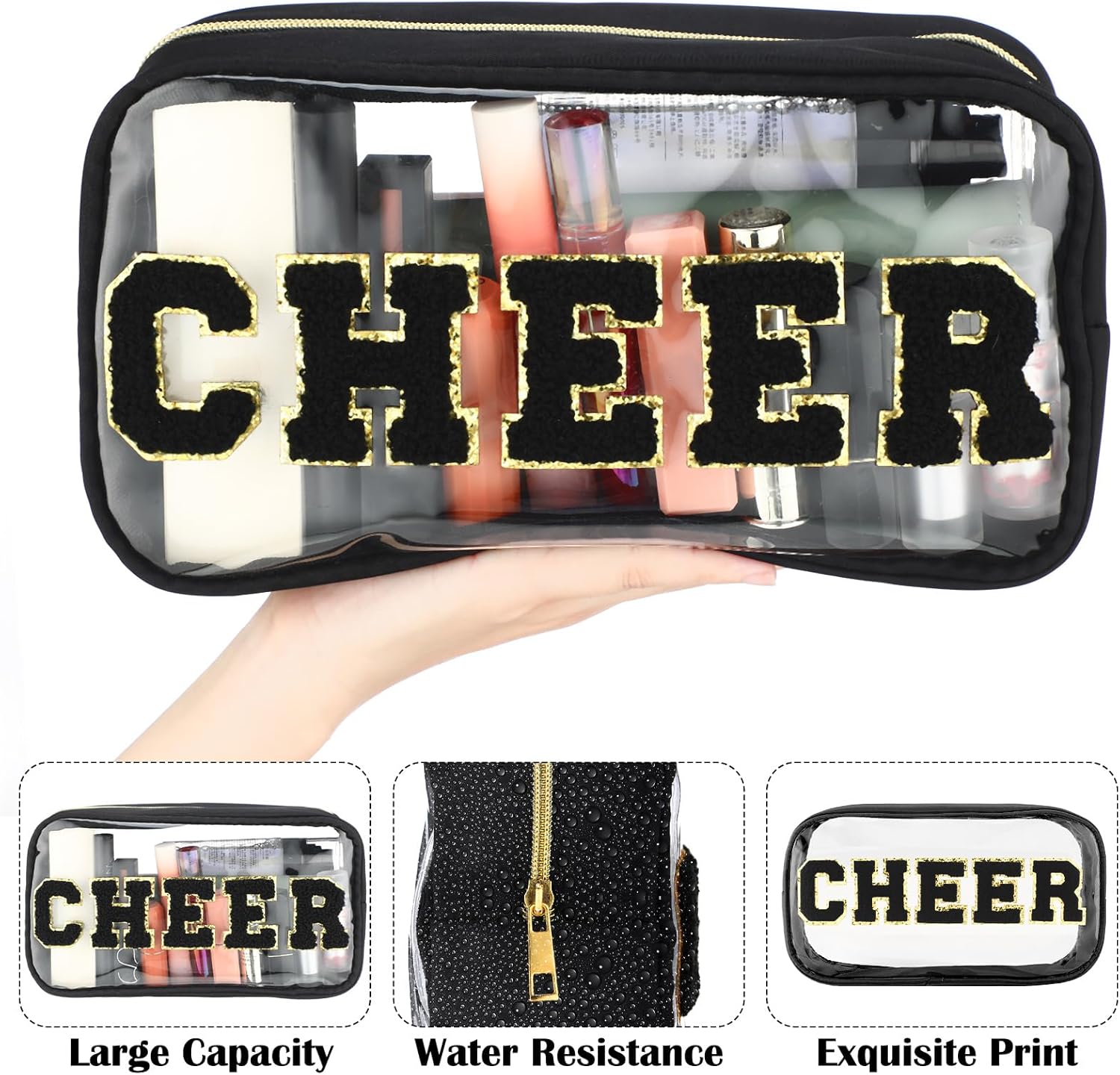 Abbylike Cheer Clear Makeup Letter Bag Cosmetic Zipper Cheers Pouch Chenille Patch Cheerleader Gifts Preppy Cheer Nylon Handmade Toiletry Bags for Women Girls Gifts (1, Black) - Image 3