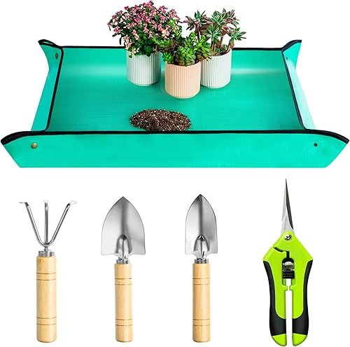 Josteve Tapete para trasplantar plantas, 5 piezas de herramientas para suculentas, mini herramientas de jardinería pequeñas para interiores, tijeras