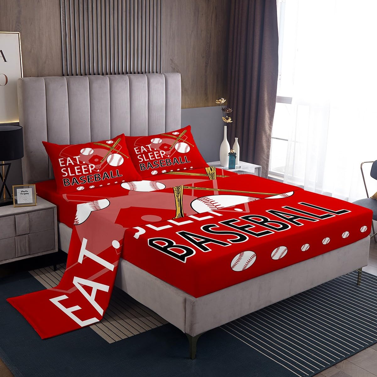 Feelyou Kids Baseball Gaming Sheet Set Full Size Red Bed Sheets for Boys Girls Teens Bedroom Decor Softball Bed Set Women Men Ball Games Sheets,1