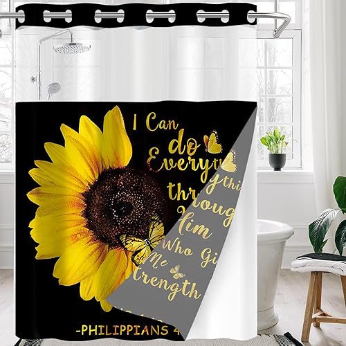 Miniatura 7 de AZHM Juego de 4 cortinas de ducha con alfombras de girasol, decoración de baño, citas inspiradoras, cortinas de baño con alfombras y accesorios