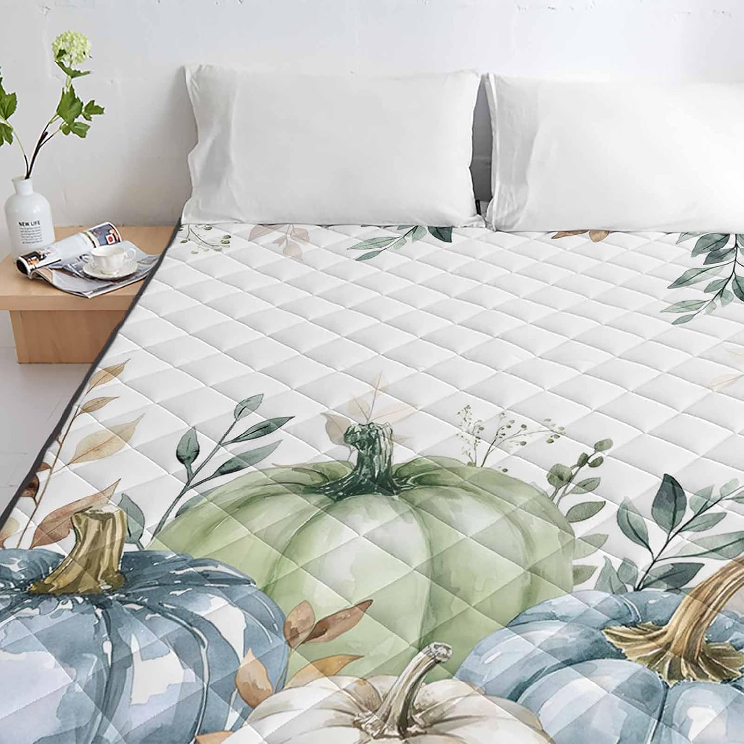 T&H XHome Quilt Full Size Luxury Quilted Comforter Bedspread-Thin Soft Cozy, Eucalyptus Leaf Thanksgiving Fall Pumpkin Patch Reversible Stitched Lightweight Quilt Coverlet for All Season