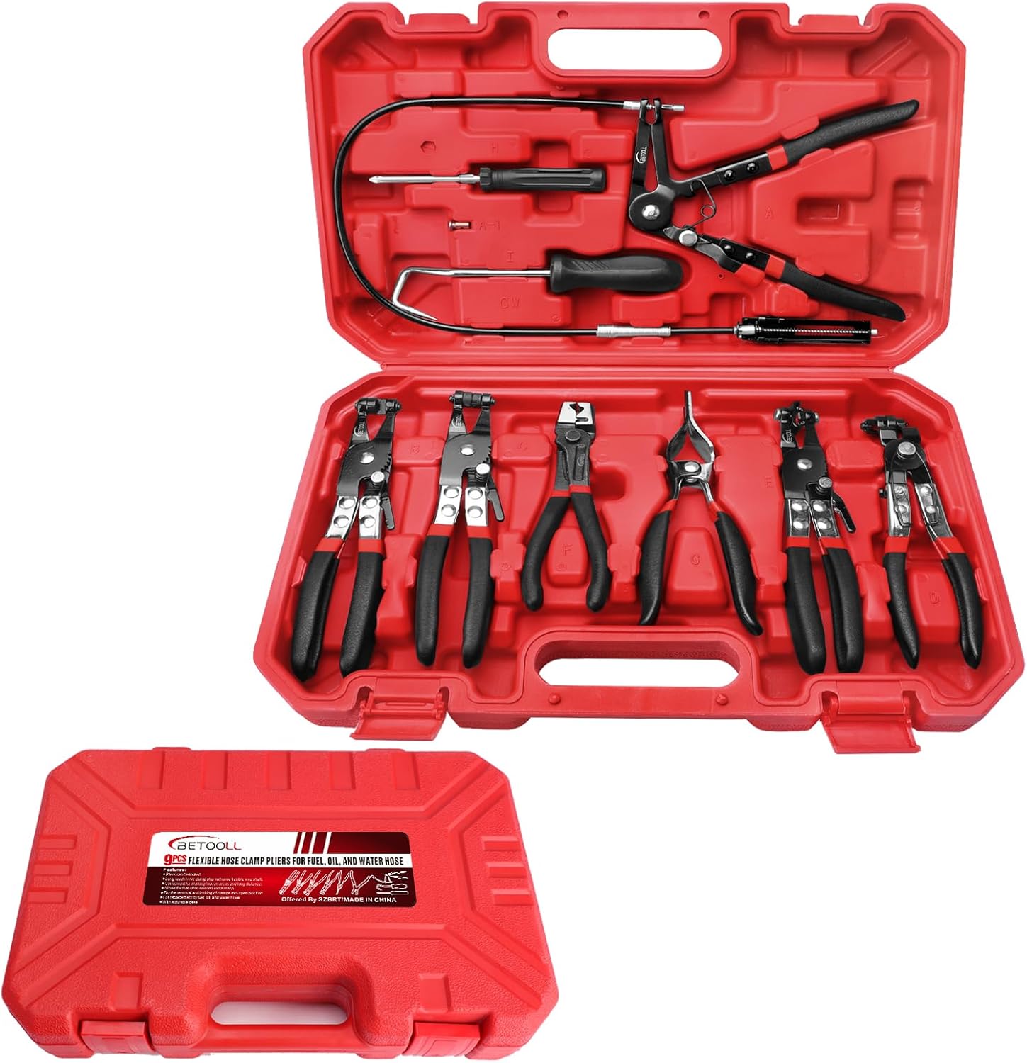BETOOLL 9pc Hose Clamp Pliers set, long reach and swivel jaw