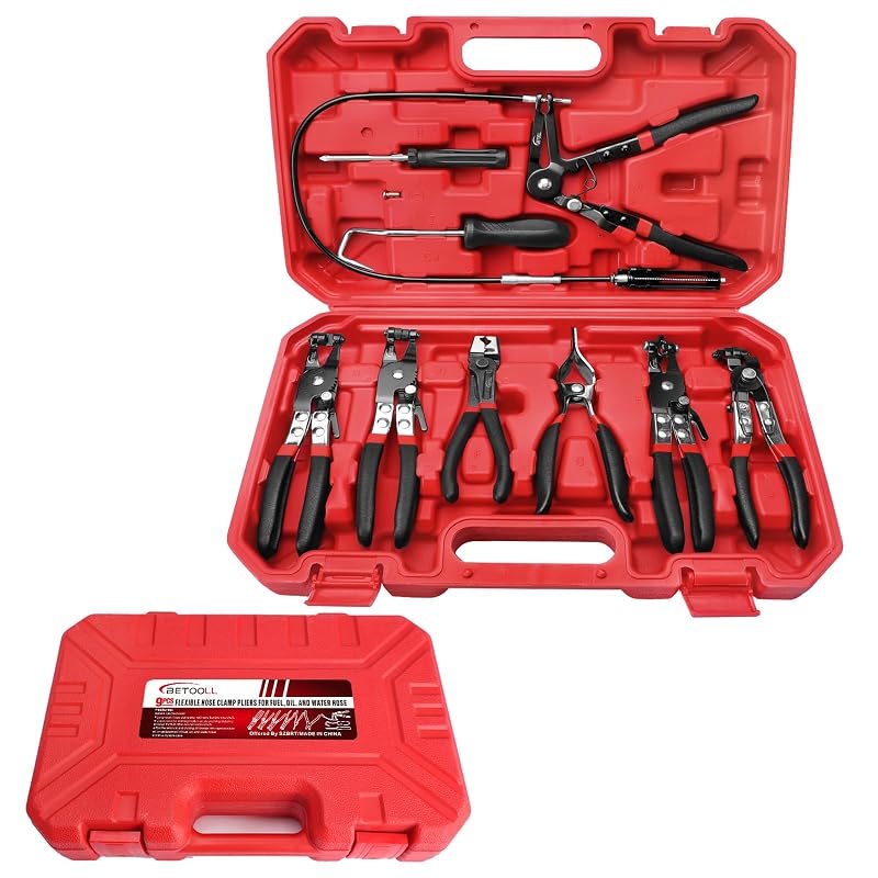 Kit de Alicates para Abraçadeiras de Mangueira BETOOLL com Cabo Flexível, Mandíbula Giratória Clic-R e Alicates para Faixa Plana, 9 peças
