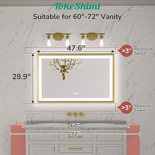 Miniatura 10 de TokeShimi Espejo de tocador de baño LED de 24 x 32 pulgadas con marco dorado retroiluminado y frontal iluminado de aluminio rectangular con borde
