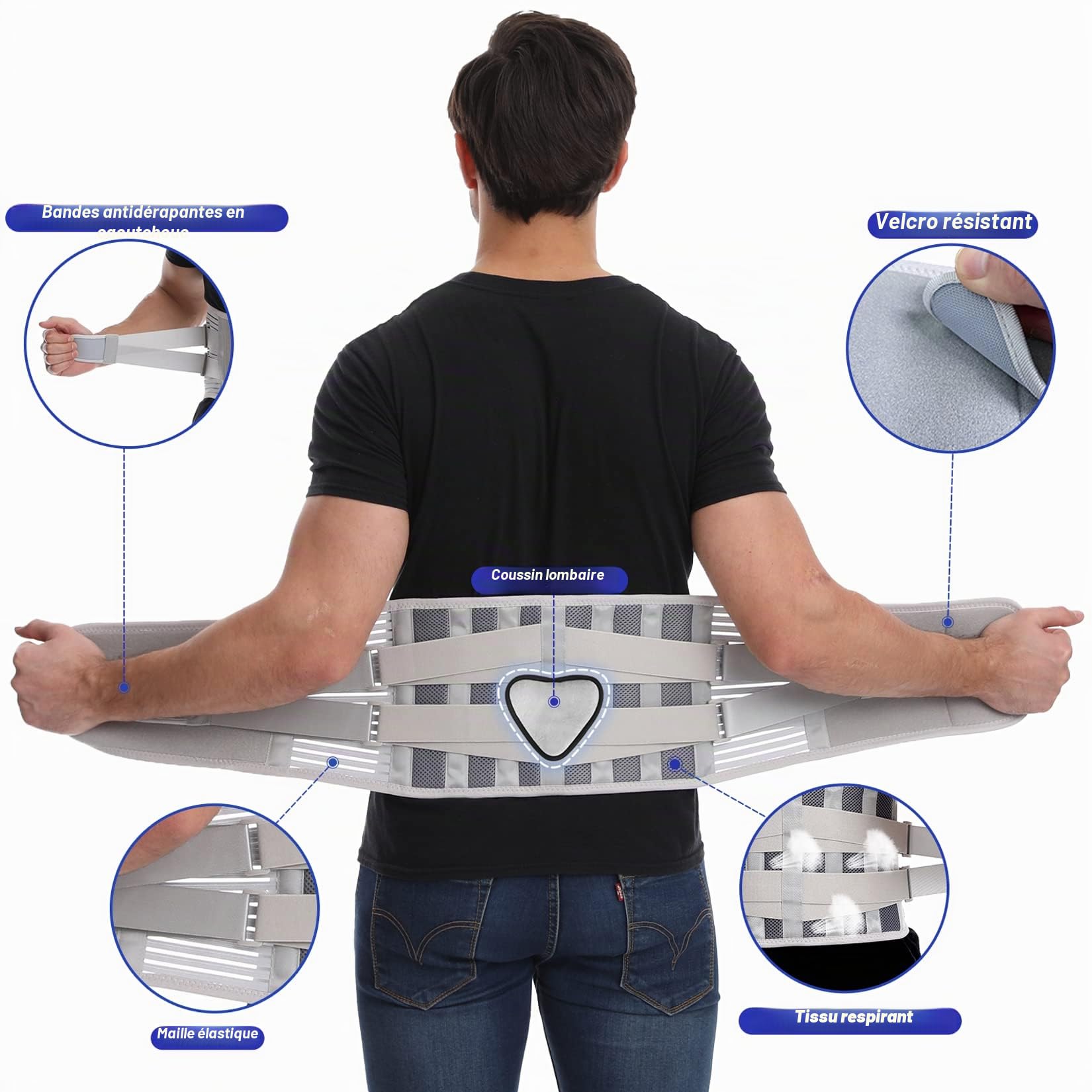 Paskyee Ceinture Lombaire pour homme et femme Soulagement de la douleur dans le bas du dos avec 6 baleines et coussin lombaire amovible, ceinture de soutien lombaire pour hernie discale, sciatique