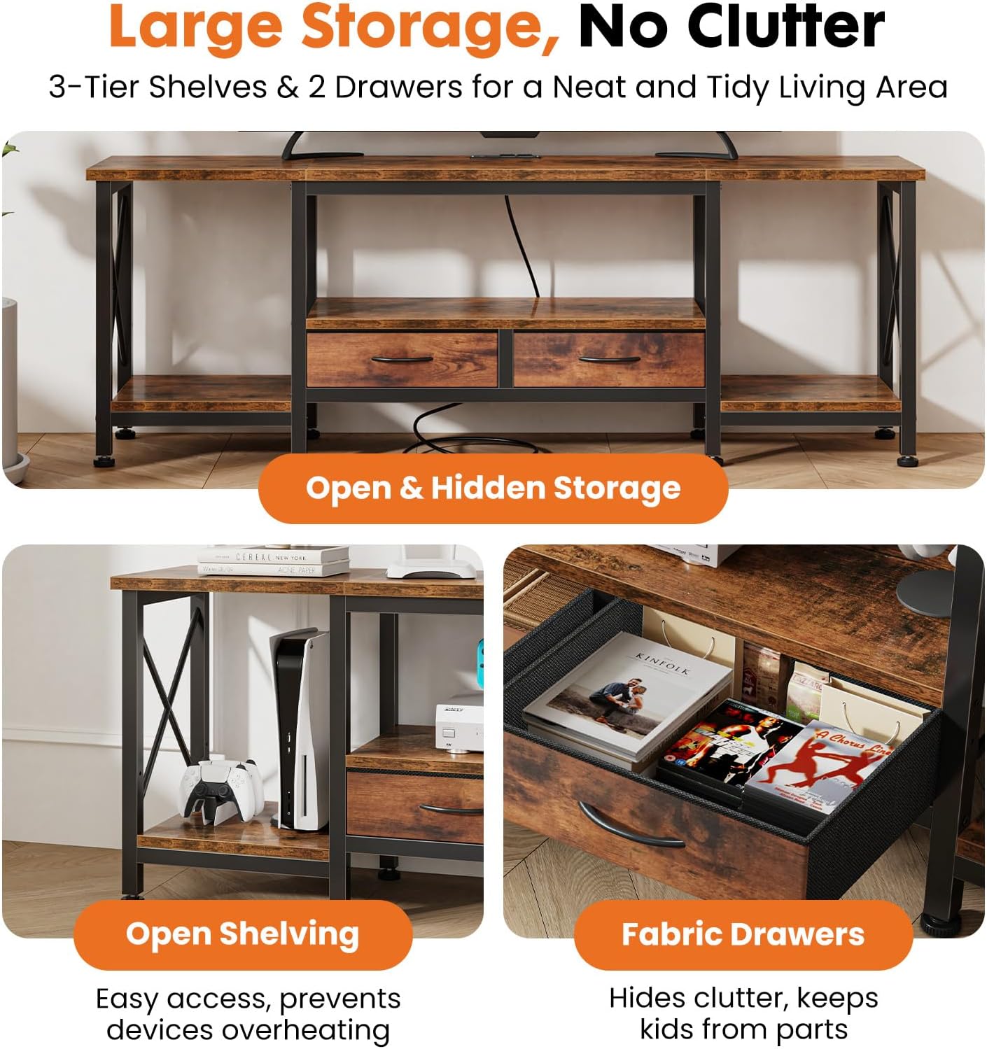DUMOS 63” TV Stand with Power Outlets, Entertainment Center for TVs Up to 75 Inches, Industrial Media Console with Fabric Drawers and Open Shelves, Rustic Brown TV Table for Living Room, Bedroom