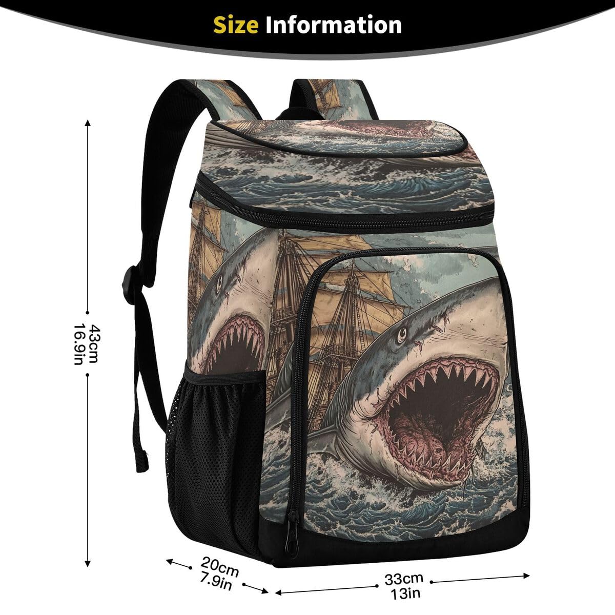Shark Attack Beige Cooler Backpack Leakproof Insulated Lunch Cooler Bag 30 Cans Camping Backpacks for Women Men