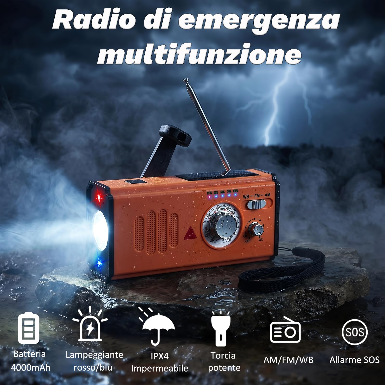 Radio a Manovella di Emergenza con Power Bank 4000mAh, Radio Solare Portatile AM/FM/WB, Torcia LED e Allarme SOS per Campeggio