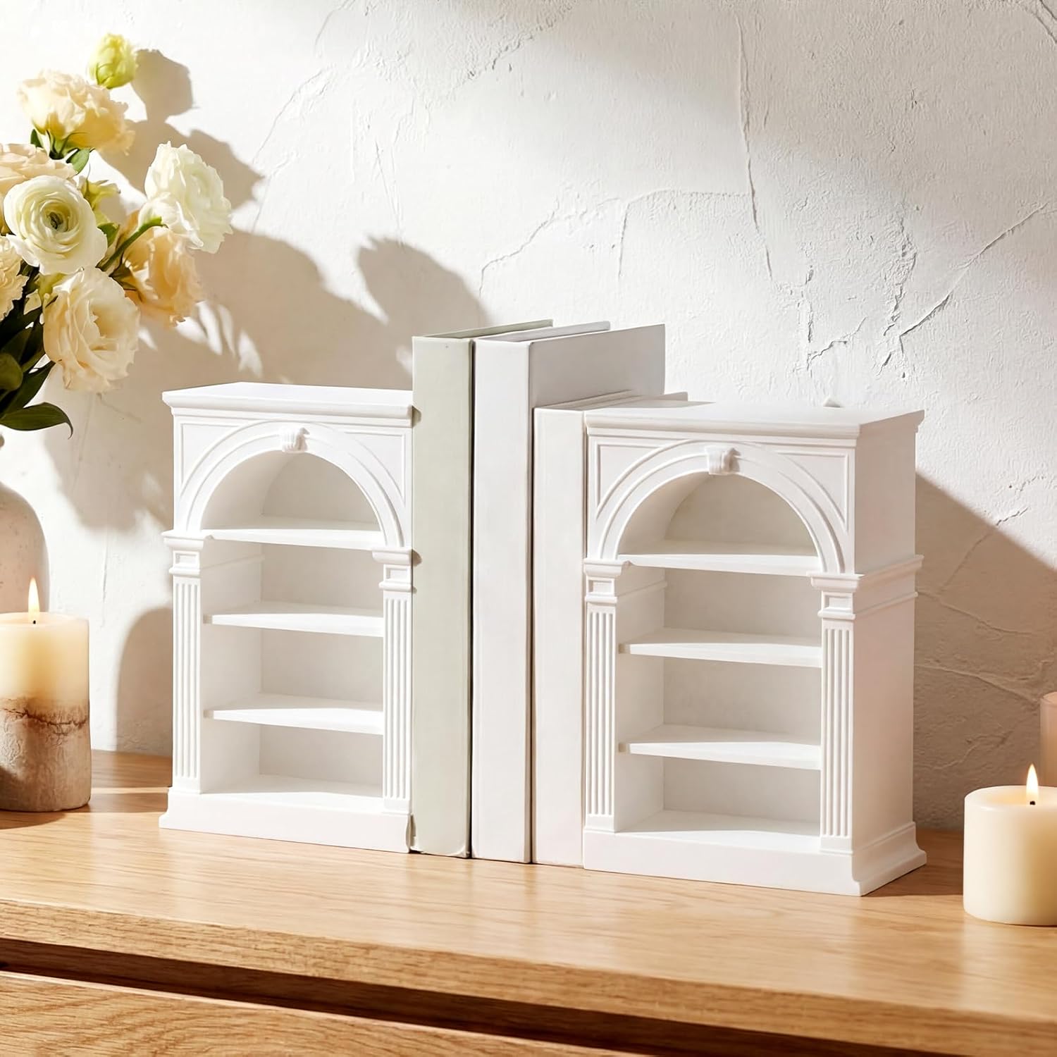 2 Pcs White Bookshelf Decorative Bookends 3D Printed Plastic Bookshelf Designed Decor Bookstopper for Book Lovers Blank Decorative Holder for Mini Book Home Office Decor