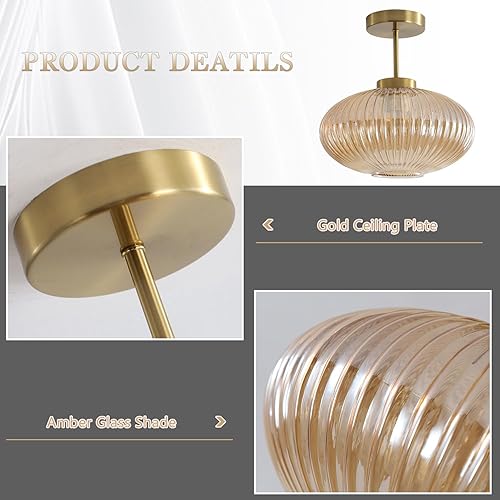 Miniatura 3 de KCO Lámpara de techo de cristal ámbar con burbujas de mediados de siglo, moderna semiempotrada, luces de techo de montaje empotrado doradas para