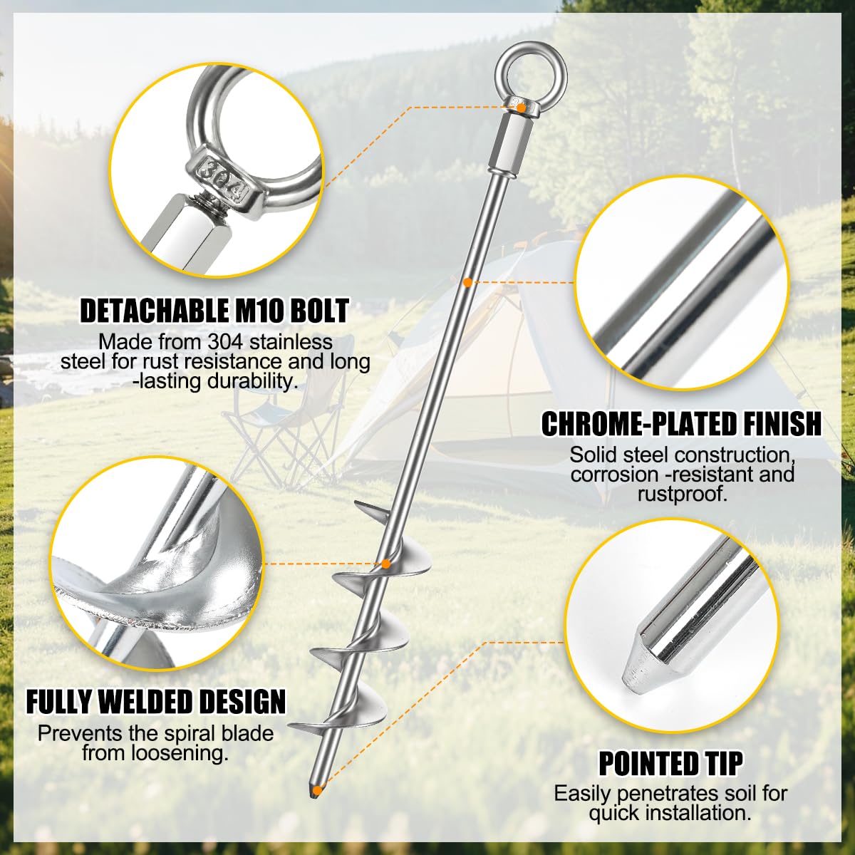 Anmento - Kit di ancoraggi resistenti da 45,7 cm, 2 pezzi, set di ancoraggi cromati per trampolini, gazebo, tettoie, capannoni, ancoraggi in acciaio per il fissaggio di vento forte; picchetti a
