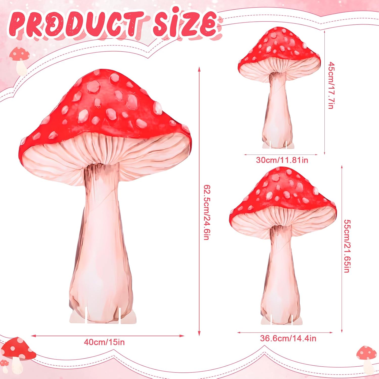 Junkin 3 Set Giant Mushroom Decor Wonderland Party Decorations 25'' 22'' 18'' Fairy Garden Cutouts Photo Props Large Spotted Mushroom Standees Enchanted Forest Backdrop for Indoor Outdoor(Red)