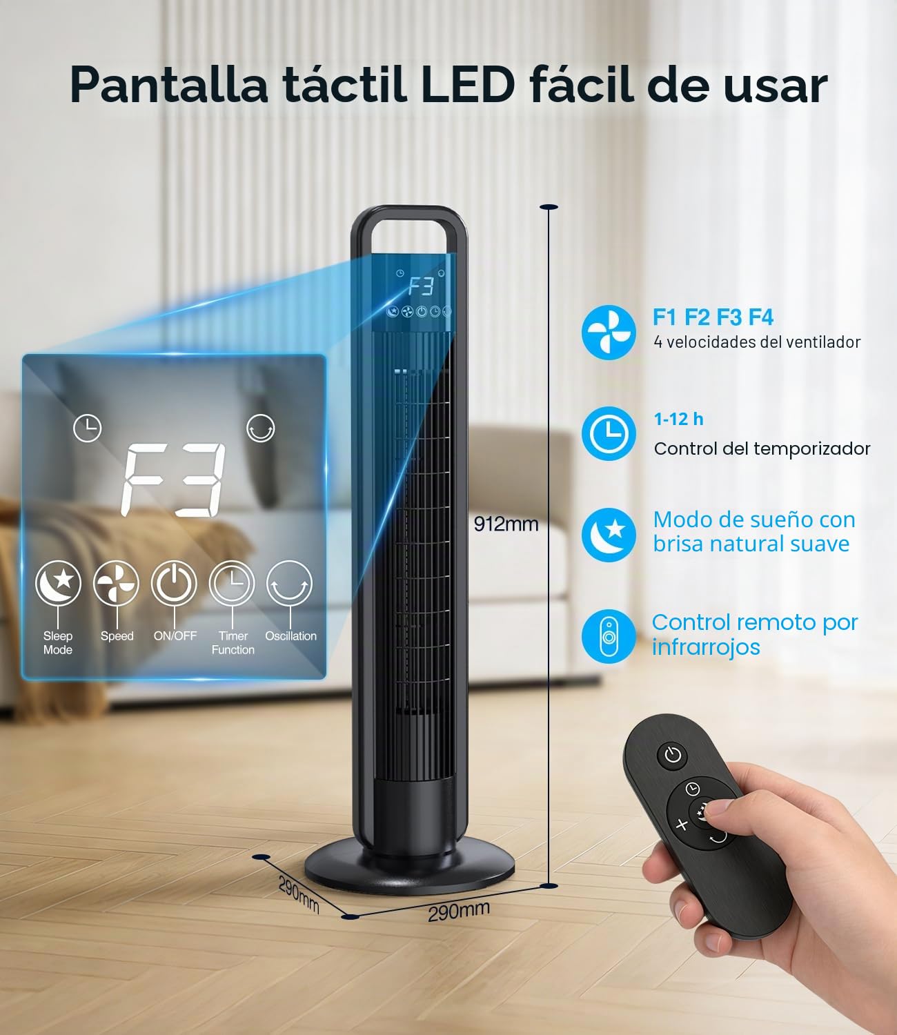 Ventilador de Torre Silencioso con Mando, 4 Velocidades, Velocidad de 9 m/s, Rotación de 70°, Temporizador 12H, Pantalla LED, 91cm Ventilador de Pie con Modo Sleep