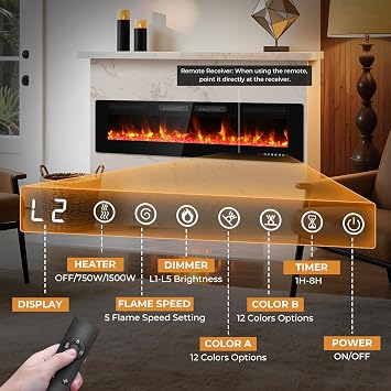Quiniver 72 Slim Electric Fire Freestanding Wall Mount Fireplace Heater | Dual heating modes, adjustable 3D flame visuals, remote & touch control, 8H timer, cool touch glass, overheat cut-off, UKCACE