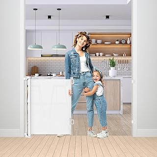 55 Inch Retractable Baby Gates for Dogs Indoor Retractable Dog Gates for The House Retractable Gate for Kids Outdoor Dog Gate for Decks Pet Gate for Stair Deck Gate Child Gate for Doorways (White)