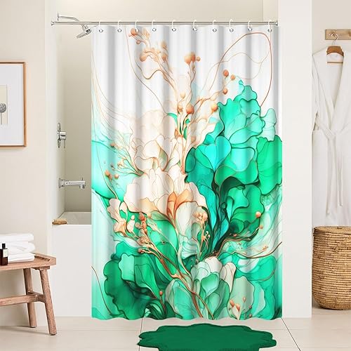 Miniatura 11 de Cortina de ducha con flores grises para baño, juego de cortina de ducha de mármol gris claro y blanco con ganchos, decoración floral abstracta para