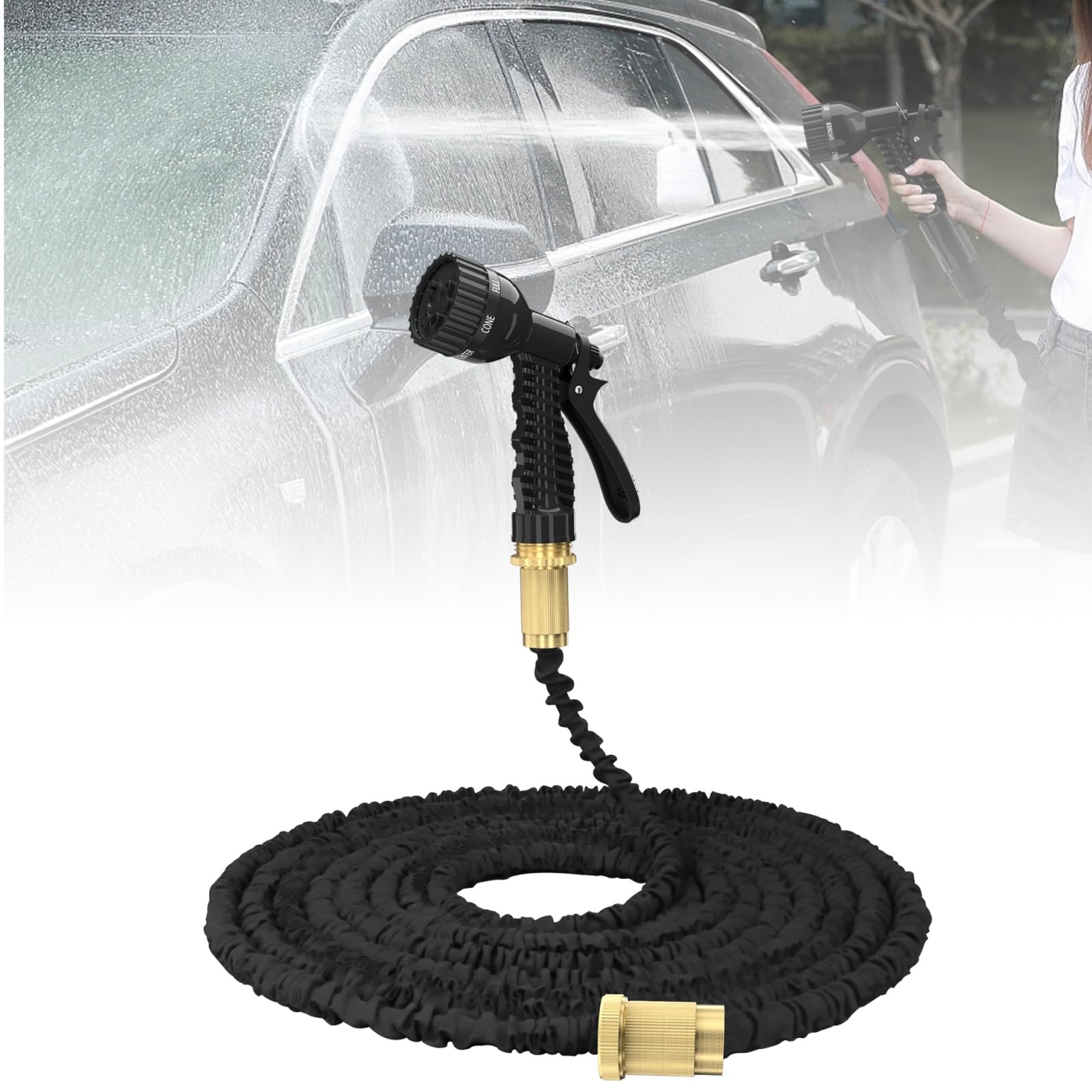 Expandable Garden Hose Pipe 75FT Flexible Expanding Magic Hose with 7 Function Spray Gun,3/4" Fittings,Lightweight Retractable Garden Water Pipe for Car Washing Flower Lawn Watering, Black