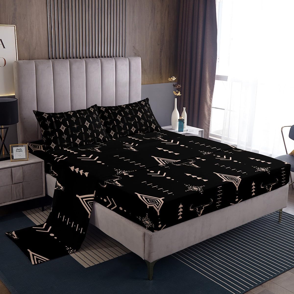 Feelyou Western Bull Skull Bedding Set Full Size Kids Boho Ethnic Horns Sheets Set Adult Black Brown Tribal Symbol Mysterious Aztec Bed Sheets Set,1 Fitted Sheet+2 Pillow Sham+1 Flat Sheet