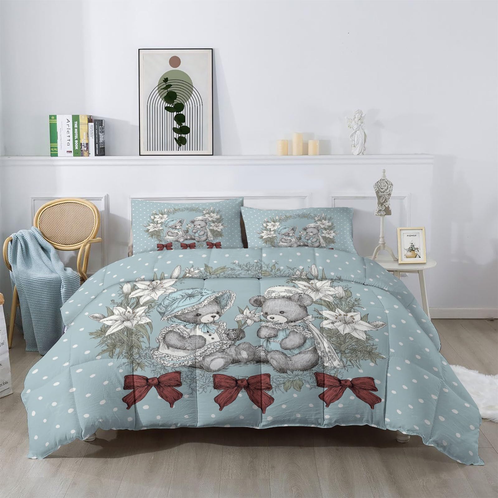 Edredón sin funda de edredón individual de 4,5 tog, 135 x 200 cm, acolchado de verano, estilo shabby chic, oso de peluche y lirio blanco, colcha reversible con estampado de animales, lunares, manta